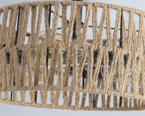 Close-up of Three Light Rustic Woven Flush Mount Ceiling Fixture With Industrial Metal Finish, showing detailed weave.