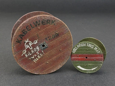 1 35 Scale Cable Spool Model Kit With Decals, Unpainted Plastic Assembly with wood grain texture and war markings for dioramas