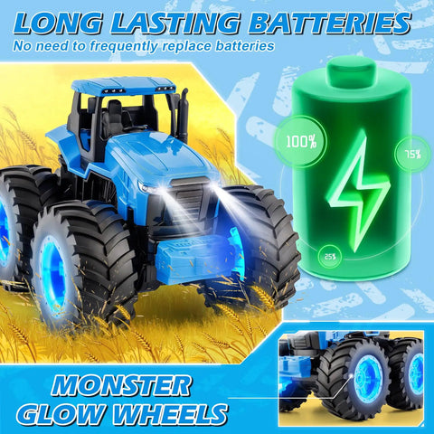 Remote Control Monster Tractor Toy With Glowing Rubber Tires, 2 4GHz RC Tractor For Boys Aged 3 4 5 6 7 in a field