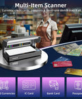 Counterfeit Bill Detector With Dual UV LED Light And Full Backlit Display Fast Watermark And UV Strip Check Also Detects Credit Cards And IDs Works With All Currencies Auto On Off Rechargeable Battery placed on display in store environment with scattered currency and cards.