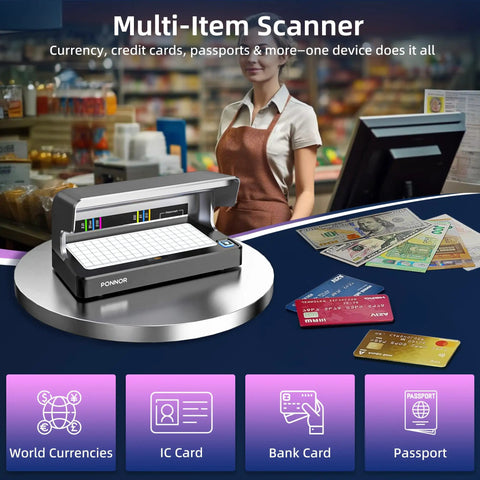 Counterfeit Bill Detector With Dual UV LED Light And Full Backlit Display Fast Watermark And UV Strip Check Also Detects Credit Cards And IDs Works With All Currencies Auto On Off Rechargeable Battery placed on display in store environment with scattered currency and cards.
