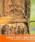 Beast Mode Heavy Duty Sickle Machete For Yard Work And Bush Clearing 20 Inch Black Stainless Blade cutting through tree trunk