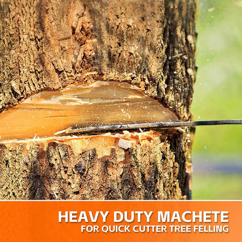Beast Mode Heavy Duty Sickle Machete For Yard Work And Bush Clearing 20 Inch Black Stainless Blade cutting through tree trunk