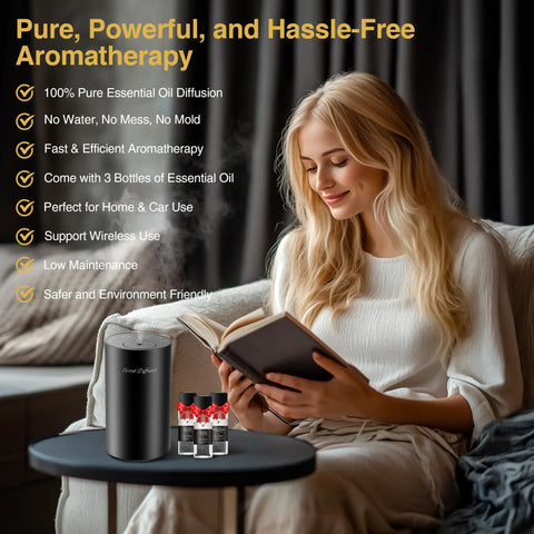 Woman with book next to No Water Needed Nebulizing Diffuser Starter Kit With Battery Powered Mini Scent Machine Including 3x20ml Essential Oils