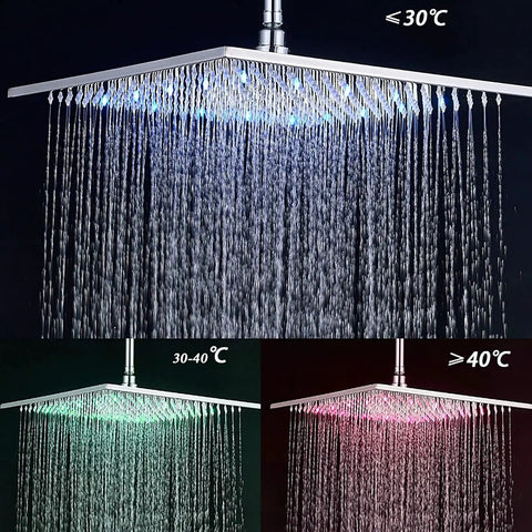 Fresh LED Shower System With Thermostatic Valve, Wall Mounted Chrome Rain Shower Combo, Water temperature visualized with changing LED colors.