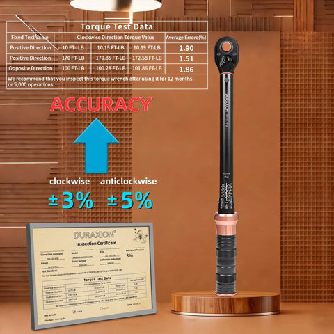 Half Inch Drive Torque Wrench Pro Grade with Dual Range Scales, calibration certificate, standing on display