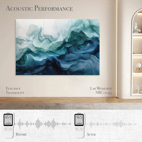Premium Acoustic Wall Panels Amp Up Your Room Tone with Dazzling Aqua Dreams Artistry design showing sound absorption effectiveness.