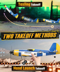 HQ089 RC Plane For Kids And Adults Easy To Fly Remote Control Airplane showing two takeoff methods: taxiing and hand launch.