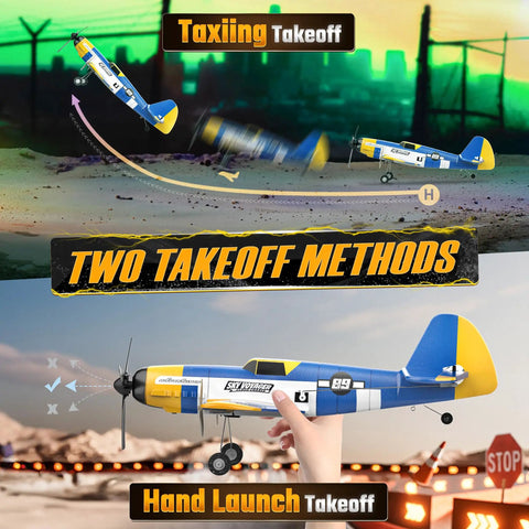 HQ089 RC Plane For Kids And Adults Easy To Fly Remote Control Airplane showing two takeoff methods: taxiing and hand launch.