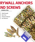 Drywall Anchor Screws Kit 200 Pieces Integrated Drill Tip Mounting Hardware for TV Shelves Cabinets and Curtains Easy Install Galvanized Wall Fixings shown with screws and anchors