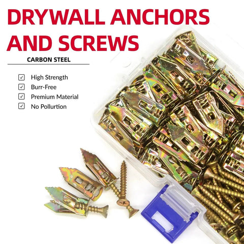 Drywall Anchor Screws Kit 200 Pieces Integrated Drill Tip Mounting Hardware for TV Shelves Cabinets and Curtains Easy Install Galvanized Wall Fixings shown with screws and anchors