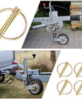 Heavy Duty Three Eighths By One And Three Quarters Inch Locking Trailer Gate Pin Set Built Tough With Zinc Plated Hitch Pins For Trailers Trucks Lawn Tractors And Agricultural Equipment Durable Rust Resistant Fasteners Four Pack, images show pin in use and set of four pins.