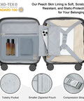 Open view of underseat carry on luggage with wheels for easy boarding TSA approved hard shell cabin bag, interior pockets visible.