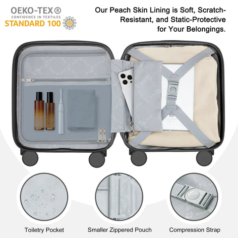 Open view of underseat carry on luggage with wheels for easy boarding TSA approved hard shell cabin bag, interior pockets visible.