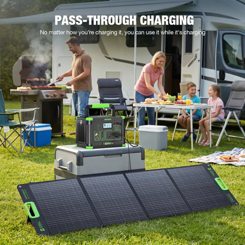 1000W Portable Power Station 999Wh Solar Generator With 200W Solar Panels charging while grilling outdoors with family.