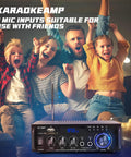 Family enjoying music with Powerful 300W Stereo Amplifier System With Bluetooth 5.0, featuring 2 mic inputs for karaoke.