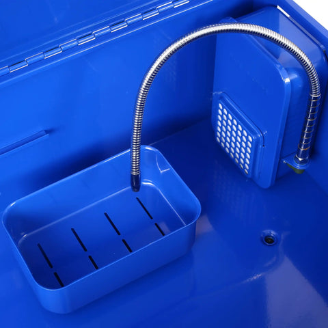 Inside view of Built Tough 40 Gallon Parts Washer With Electric Solvent Pump showing removable shelf and hose.