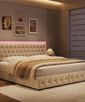 Queen Size Velvet Bed Frame Featuring Smooth As Butter Storage Drawers, Smart Led Chill Lights, Adjustable Headboard, Button Tufted Modern Platform Bed, Solid Wood Slats, No Sweat Assembly, Beige in stylish bedroom setting.