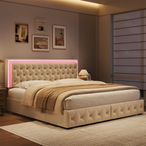 Queen Size Velvet Bed Frame Featuring Smooth As Butter Storage Drawers, Smart Led Chill Lights, Adjustable Headboard, Button Tufted Modern Platform Bed, Solid Wood Slats, No Sweat Assembly, Beige in stylish bedroom setting.