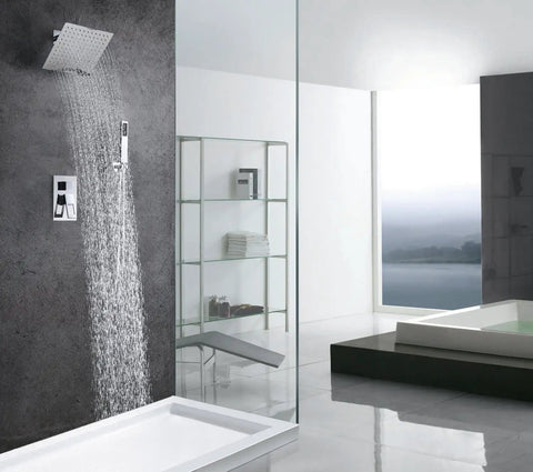 Polished Chrome Shower System With 8 Inch Rain Shower Head And Handheld, Wall Mounted Spa Vibe Shower Faucet Set in modern bathroom