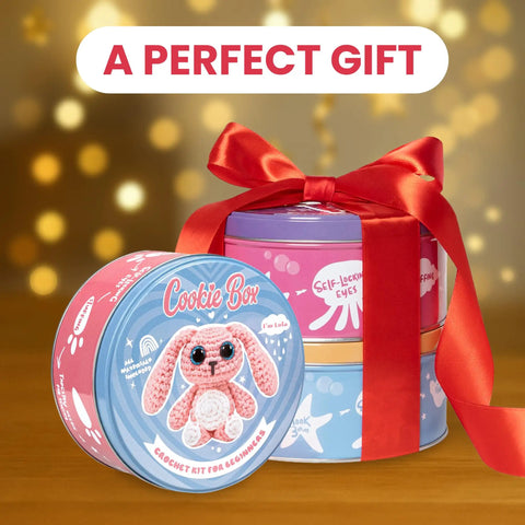 Beginner Crochet Kit Gift Set For Crafting Bunny Lola Amigurumi Plushie with decorative tins and red ribbon