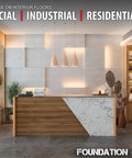 Modern interior setting with wood and marble reception desk, showcasing Pro Matte Concrete Floor Wax 5 Gallon Water Based Formula.