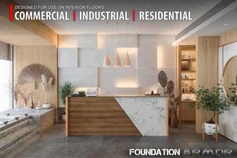 Modern interior setting with wood and marble reception desk, showcasing Pro Matte Concrete Floor Wax 5 Gallon Water Based Formula.