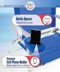 Extra Tall 17 Inch High Folding Beach Chair With Four Position Recline for Beach Camping and Lawn showing phone holder and bottle opener