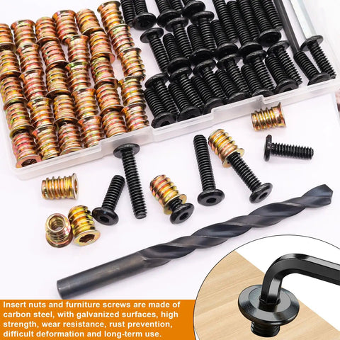Woodworking Gear Kit With 35 1/4-20 Threaded Inserts, 22 1/4-20 X 3/4 Inch Bolts, and hex socket nuts with drill bit and wrench.