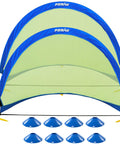 Image shows Two Pack Pop Up 4Ft Soccer Goals for Kids, Easy Setup, Portable Backyard Training Nets with 8 Field Cones and Stakes.