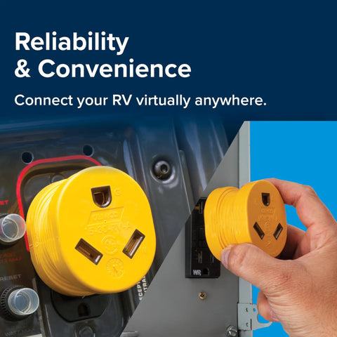 Hand using PowerGrip Heavy Duty RV 15 Amp Male To 30 Amp Female Electrical Adapter for easy connection
