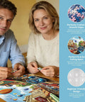 Couple assembling Vintage Main Street Jigsaw Puzzle For Adults With Classic Cars And Hot Air Balloons on table