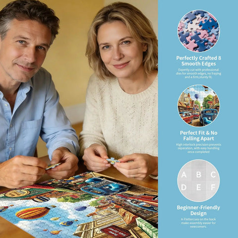 Couple assembling Vintage Main Street Jigsaw Puzzle For Adults With Classic Cars And Hot Air Balloons on table