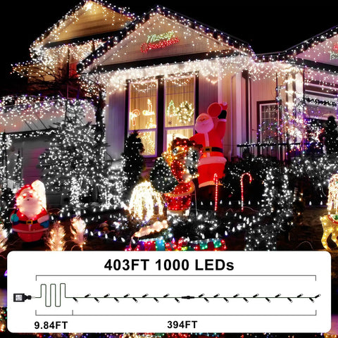 403Ft 1000 LED Outdoor Christmas Lights With 8 Modes And Timer Waterproof Green Wire Fairy String Lights display on house