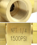 Close-up of Premium Brass One Quarter Inch NPT Three Way Ball Valve With L Port showing threading and 1500 PSI marking.
