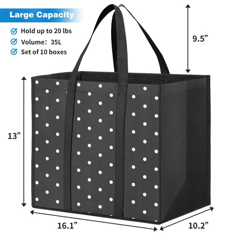 10 Pack Reusable Grocery Bags For Shopping And Picnics With 35L Large Capacity Heavy Duty Waterproof Tote Bags with polka dots.