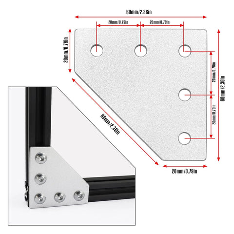 Sturdy Built To Last 2020 Aluminum Extrusion Connector Set With 5 Hole T Shape Joint Plates M5 Nuts And Screws Wrench Included For 2020 Series Aluminum Profile DIY 3D Printer Frame Build, 60mm plate