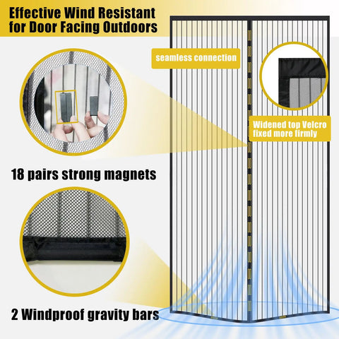 Heavy Duty Magnetic Screen Door For Doors Up To 36 By 80 Inches Measures 38 By 82 Inches Keeps Bugs And Mosquitoes Out For Real Easy Magnetic Seal Fits Interior And Outdoor Doors Black with 18 magnets and windproof bars