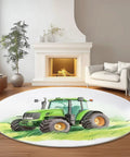 7Ft Round Area Rug For Living Room And Dining Table, Green Farm Tractor Grassland Circle Rug, in modern lounge