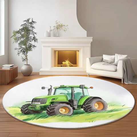 7Ft Round Area Rug For Living Room And Dining Table, Green Farm Tractor Grassland Circle Rug, in modern lounge