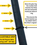 Patented Swing Trainer With 12 Soft Training Balls For Baseball And Softball Build Speed Stay Connected Train Full Body Mechanics And Get Instant Swing Feedback With This Durable Batting Aid showing adjustable grip for 26 to 34 inch bats.