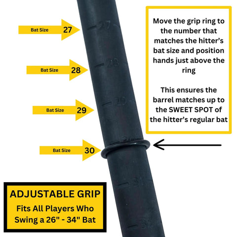 Patented Swing Trainer With 12 Soft Training Balls For Baseball And Softball Build Speed Stay Connected Train Full Body Mechanics And Get Instant Swing Feedback With This Durable Batting Aid showing adjustable grip for 26 to 34 inch bats.
