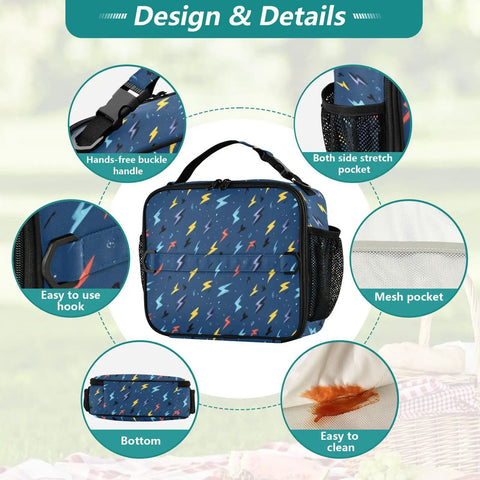 Lightning Bolts Insulated Lunch Bag Dark Blue For Kids And Adults Portable Cooler Tote With Shoulder Straps Keeps Meals Fresh All Day Big Main Compartment Plus Side Mesh Pockets For Drinks Perfect For School Office Travel, blue polyester lunch bag with handle, hook, mesh pockets