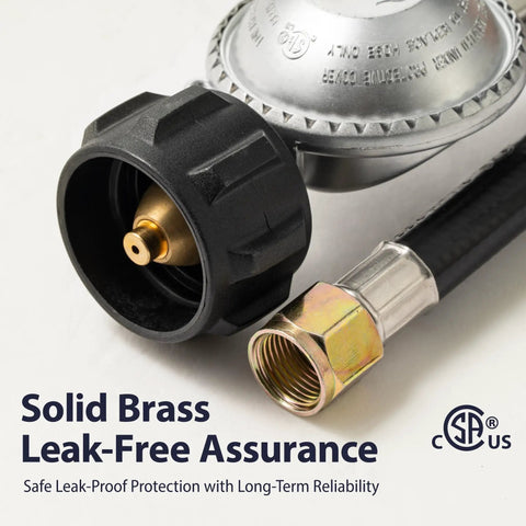 Close-up of Propane Regulator Hose With Valve 6Ft Quick Connect QCC1 Three Eighths Inch Female Flare CSA Certified Safety