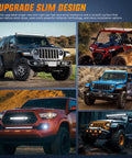 Various 4x4 vehicles with Slim 21 Inch LED Light Bar With 52 LEDs In A Single Row Spotlight Flood Combo for offroad use