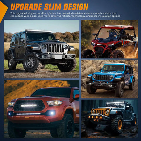 Various 4x4 vehicles with Slim 21 Inch LED Light Bar With 52 LEDs In A Single Row Spotlight Flood Combo for offroad use