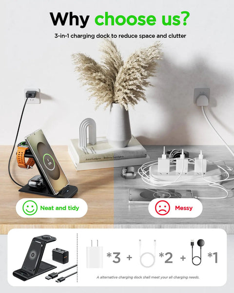 Comparison of organized Three In One Wireless Charging Stand For Galaxy Phones Watches And Buds Fast Charge Dock and messy cables.