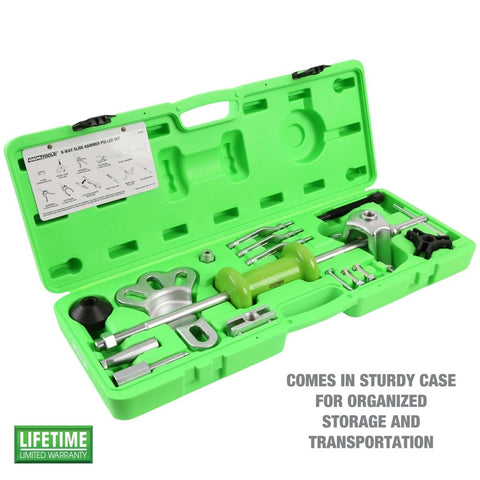 Slide Hammer Puller Set With Dent Puller CV Axle And Bearing Removal Tool Kit in green case, showing attachments and tools