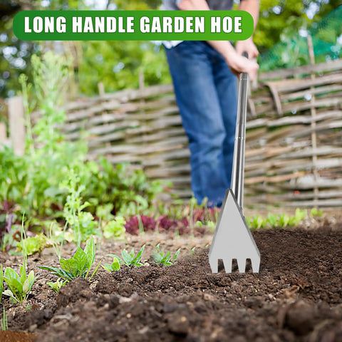 2-In-1 Garden Hoe And Weed Rake With Adjustable Long Handle being used in a garden, showing stainless steel cultivator head.