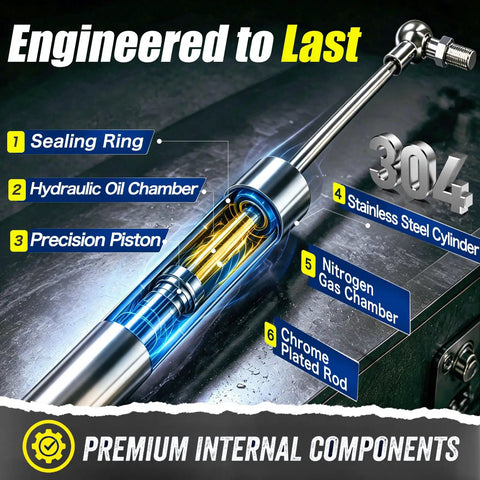 Rock Solid 304 Stainless Steel Gas Struts 15 Inch 22.5 Pound showing premium internal components like hydraulic oil chamber and nitrogen gas chamber.